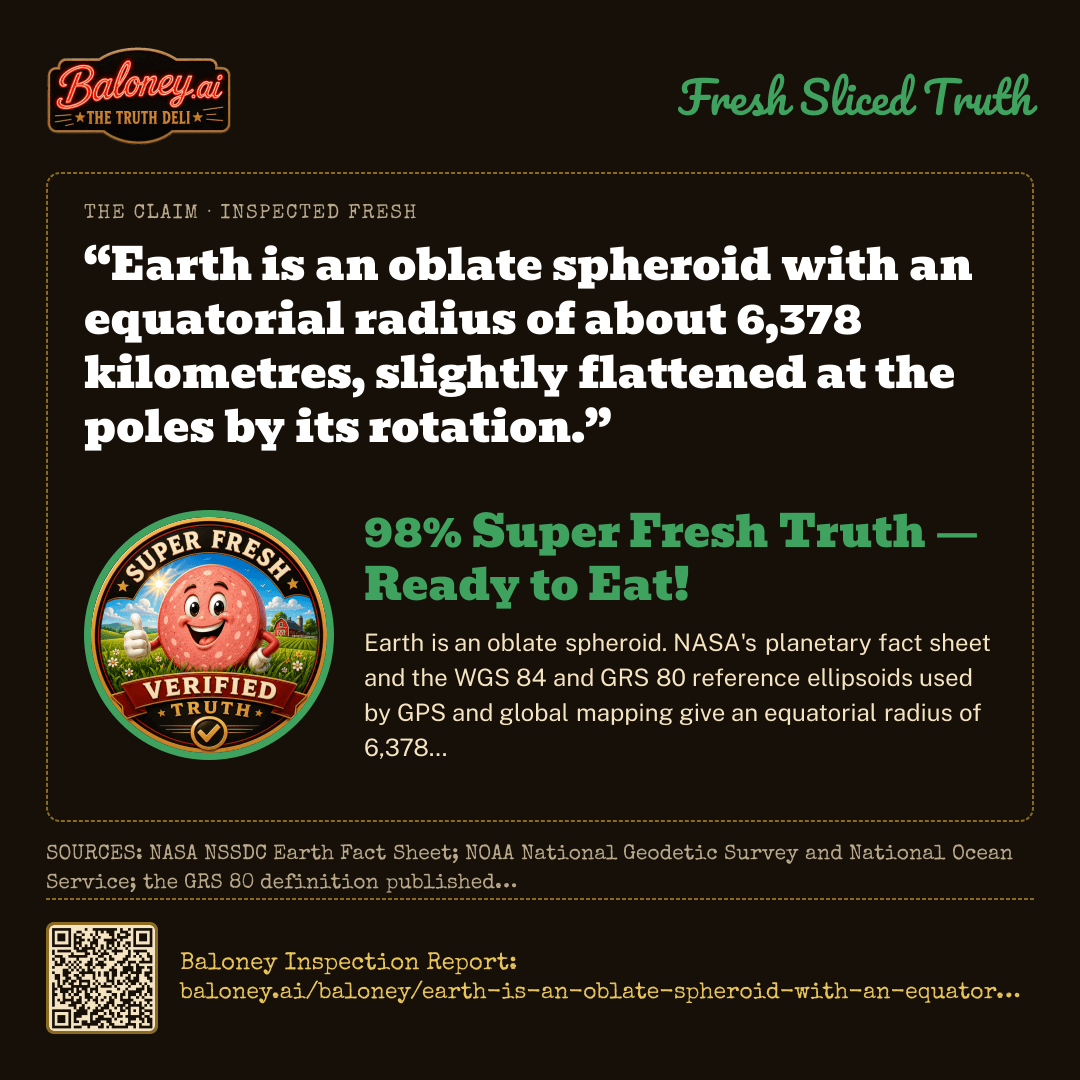 The corrected truth: Earth is an oblate spheroid with an equatorial radius of about 6,378 kilometres, slightly flattened at the poles by its rotation.. Read its Inspection Report.