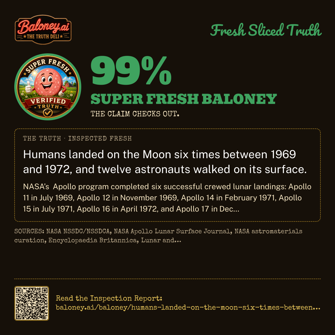 The corrected truth: Humans landed on the Moon six times between 1969 and 1972, and twelve astronauts walked on its surface.